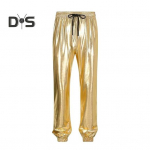 Vyri&scaron;kos kelnės su rai&scaron;teliu elastine juosmens kulk&scaron;nies juostele su ki&scaron;enėmis, blizgiu pavir&scaron;iumi diskotekos kelnės scenos vakarėlio naktinio klubo Cosplay kelnės S geltona