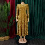 Moterų apvalios apykaklės ilgomis rankovėmis vienspalvės blizgučių auk&scaron;to juosmens eleganti&scaron;kos vidutinio ilgio suknelės 3XL &scaron;ampanas