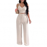 Dviejų dalių apranga moterims V formos i&scaron;kirpte, be rankovių, su petne&scaron;ėliais, trumpas topas, plačių kelnių komplektas, laisvalaikio vasarinė apranga paplūdimio atostogoms S abrikosas