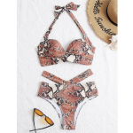 Gyvatės odos spausdinimo du raukiniai apvyniojimai moterims, apkarpyti bikinio stūmimo priekyje maudymosi kostiumėliai, moteri&scaron;ki besimaudantiems skirti maudymosi maudymosi kostiumėliai, tankinio komplektas S ruda