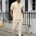 Men's 2024 Cross-border Casual Short-sleeve Waffle Polo and Pants Set