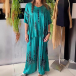 Moteri&scaron;kas laisvo stiliaus atostogų kostiumų komplektas ilgomis rankovėmis su gėlių ra&scaron;tu M mėlyna