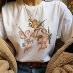Angel 90s Fashion mar&scaron;kinėliai Moteri&scaron;ki Kawaii Print trumpomis rankovėmis O kaklo mar&scaron;kinėliai Vintage Wegoe S balta