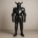 Gotikinio fantazijos riterio &scaron;arvai Juodo plieno kostiumas su raguotu &scaron;almu Dėvimas Cosplay, Helovino kostiumas Kolekcininko &scaron;arvai