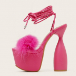 Vasarinės purios kailinės moteri&scaron;kos platforminės stambios basutės Mados podiumas Keisti Ekstremalūs Auk&scaron;takulniai Bateliai Atviras Pir&scaron;tas Suvarstomi Pole Dance Batai 36 rožinė