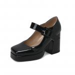 Dydis 33-48 Patentuotas blizgus PU odinis moteri&scaron;kas biuro siurbliai plataus sagties dirželio platforma Mary Jane Batai Spring Fall Block Chunky Heels Biuro vakarėlių siurbliai 33 juoda