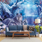 &Scaron;e&scaron;i Vilkai Sniego Kalnas Slyvos Žiedų Pilis Gyvūnas Svetainė Miegamasis Individualus Lipnus Tapetas Sieninė Tapyba 200 cm(W) x 140 cm(H)