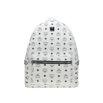 MCM baltas Visetos monogramos kuprinė su kniedėmis ir sidabro detalėmis, didelė dienos kuprinė kasdieniam ir mokykliniam naudojimui Basic Set (Bag+Dust Bag)