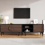 180*35*49cm žemas TV spintelė su 2 durelėmis, TV staliukas su atviromis lentynomis, tamsaus rie&scaron;uto spalvos, tinkamas 80 colių televizoriams 180 x 35 x 49 cm