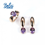 Sukurtas safyro spalvos pasikeitimas korundas Brangakmenis 925 sterlingas sidabras Rožinio aukso žiedas auskarų papuo&scaron;alų rinkinys, skirtas dovanai moterims us ring size 7# violetinė
