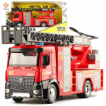 1/24 mastelio žaislinis gaisrinis sunkvežimis su metaline kabina su sirenos &scaron;viesa ir garsu, veikiančiu vandens siurbliu ir i&scaron;traukiamais besisukančiais gelbėjimo laiptais, trinties varomas žaislas 1/24-Size:33*13*8.5cm raudona