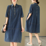 Vasarinė moteri&scaron;ka suknelė Vestidos Robe Elbise Loose Didelio dydžio Madingos polo trumpomis rankovėmis džinsinės suknelės M mėlyna