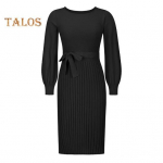 Rudeninė moteri&scaron;ka suknelė megzta apvaliu kaklu, ilgomis rankovėmis, plonai priglundanti, klostuota suvarstoma, aptempta juosmuo iki blauzdos vidurio, elastinga vienspalvė megztinė suknelė S žalia