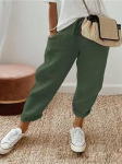 Moteri&scaron;ki medvilniniai ir lininiai ki&scaron;eniniai laisvalaikio kelnės, laisvo liemens laisvalaikio kelnės moterims M armijos žalia spalva