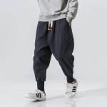 Medvilninės lino haremo kelnės vyrams Vienspalvės Elastingas juosmuo Streetwear Džogeriai Naujos Laisvos Kritęs tarpkojis Kelnės Laisvalaikio kelnės vyrams KTB M black