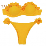2vnt/komplektas Moteri&scaron;kas vasarinis bikinio rinkinys Bandeau su rauk&scaron;lėmis, liemenėlė vidutinio auk&scaron;čio kelnaitės Push Up maudymosi kostiumėlis, padalintas dizaino maudymosi kostiumėlis M geltona
