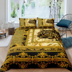 Home Living Prabangus 3d baroko patalynės komplektas Auksinis leopardo antklodės užvalkalas pagalvės užvalkalas Karalienės ir karaliaus EU single(135x200cm)