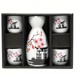 5 vnt. rankomis dažytas keraminis japoni&scaron;kas sake rinkinys su rožinių gėlių ra&scaron;tu &ndash; puiki gimtadienio dovana ir kolekcionuojamas daiktas 5pcs