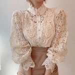 WTEMPO Moteri&scaron;ki &bdquo;Hite Lace Patchwork&ldquo; i&scaron;tu&scaron;tinti mar&scaron;kiniai ilgomis rankovėmis &bdquo;O-neck&ldquo; tinklelio vir&scaron;ūnės Pavasarinės eleganti&scaron;kos masyvios palaidinės S balta