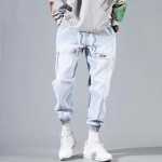 Gatvės apranga Hip Hop Cargo Kelnės Vyri&scaron;ki Džinsai Elastingi Baggy Harem Kelnės Vyri&scaron;ki Sportiniai Bėgiotojai Korėjos madingi džinsai su kulk&scaron;nies juostele S mėlyna
