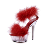 Moteri&scaron;ki auk&scaron;takulniai &bdquo;stiletto&ldquo; seksualūs juodi, vandeniui atspari platforma &bdquo;Hate The Sky High&ldquo; kailiniai sandalai, moteri&scaron;ki, vasaros 330 serija, 15 cm kulnas, 5 cm platforma i&scaron; LFD 39 raudona