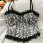 Vasaros prancūzi&scaron;ko spausdinimo nėriniai Cami Crop vir&scaron;utinis megztinis moteri&scaron;kas eleganti&scaron;kas plonas trumpas liemenė Y2K gatvės apranga mada juoda