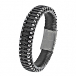 Les Tr&eacute;sors De Lily [R5087] - Bracelet cuir acier 'Giorgio' noir argent&eacute; - 215x15 mm