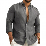 Medvilniniai lininiai vienspalviai vyri&scaron;ki mar&scaron;kiniai ilgomis rankovėmis stovi apykaklė balta juoda vir&scaron;ūnė M tamsiai pilka spalva