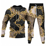 Vyri&scaron;ki 2 dalių rinkiniai Dideli gobtuvai Ilgos kelnės Madingi sportiniai kostiumai Gatvės apranga 3D Leopardo auksinė grandinėlė spausdinta unisex drabužiai S-6XL