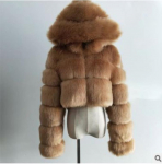 Kailiniai apkarpyti dirbtiniais kailiais &scaron;varkai Moteri&scaron;kos pūkuotos vir&scaron;utinės striukės su gobtuvu trumpos žieminės kailio striukės L kava