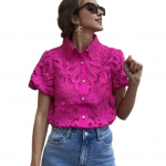 Women Shirt Lapel Puff Short Sleeve Slim Fit Shirt Tops Solid Color Button Closure Hollow Lace M rožinė raudona spalva