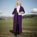 Megztas ilgas megztinis, eleganti&scaron;kas vienspalvis megztinis ilgomis rankovėmis su ki&scaron;enėmis, moteri&scaron;kas S violetinė