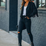 Moteri&scaron;ka elnio odos striukė Atvartas Fringe trumpas paltas Odinis paltas L