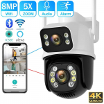 2024 m. 8MP 4K dvigubo objektyvo &bdquo;Wi-Fi&ldquo; PTZ kamera &bdquo;Smart Home Night Vision&ldquo; dvigubo ekrano lauko saugumo apsauga CCTV IP kamera ICSEE APP EU Plug