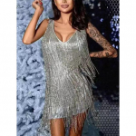 Moterų džiazo lotynų &scaron;okių leotardas Rumbos kaklas kutai blizgučiai kutai suknelė &scaron;okių apranga XL