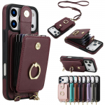 Kryžinė 2 viename magnetinis užtrauktukas kortelių laikiklis odinis piniginės dėklas iPhone 17 Pro Max 16 Plus 15 14 13 12 11 ilgas dirželis Dangtelis iPhone17