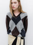 ATELIER NAIN V formos i&scaron;kirptės megztinis su argyle ra&scaron;tu, vilnos mi&scaron;inys(T-7104) Brown/Free gray