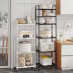 Daugiasluoksnis virtuvės ir vonios kambario laikymo stovas - be gręžimo, pastatomas ant grindų, skirtas puodams ir mikrobangų krosnelei Black 3-Tier with Wheels & Guardrail