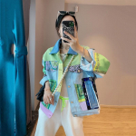 Rudens moteris Pra&scaron;matnus džinsinis striukė Spalvotas spausdinimas Patchwork Designer Jean Vir&scaron;utiniai drabužiai Atvartas apykakle ilgomis rankovėmis Laisvas Streetwear stiliaus kauboji&scaron;kas paltas M žalia