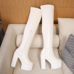 Moteri&scaron;ki vir&scaron; kelių batai 15CM auk&scaron;čio kulnas Vandeniui atsparus Elastingas oda &Scaron;launies ilgio batai Juodi Balti ZYW-831-11 34 balta