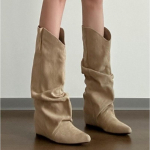Naujo stiliaus moteri&scaron;ki rudens žiemos klostuoti moteri&scaron;ki vakarieti&scaron;ki kauboji&scaron;ki batai su vidiniu paauk&scaron;tinimu riteri&scaron;ki ankle boots Zapatos De Mujer 35 abrikosas