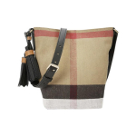 Burberry Classic Check Reguliuojamas peties dirželis Drobės ir kanapių kibiro formos rankinė Moteri&scaron;ka petinė rankinė Ruda 39972841 Basic Set (Bag+Dust Bag)