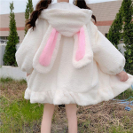 Bunny Ears Kawaii Hoodies Moteri&scaron;ki Lolita Žieminiai &Scaron;ilti Avinėlio vilnos Negabaritinis megztinis Mielas ilgomis rankovėmis užtrauktuku užtraukiamas vilnos striukė su gobtuvu L balta