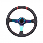 34cm gilios formos automobilio vairas lenktynėms, driftingui, sportui Chromuoti mėlyni stipinai Juodo anglies pluo&scaron;to i&scaron;vaizdos odinė rankena