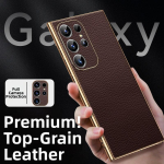 Natūralios odos litchi ra&scaron;to telefono dėklas, skirtas Samsung Galaxy S26 S22 S23 S25 Ultra S24 Plus S26+ Galvanizuotas mink&scaron;tas dėklas S0035 Galaxy S26 Ultra ruda