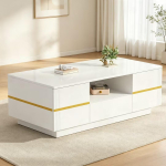 Modernus kavos staliukas su LED ap&scaron;vietimu, svetainės staliukas, pusiau atvira lentyna ir 2 durys, iki 30 kg apkrova, baltas + auksiniai akcentai, 100&times;50&times;35.5cm 100 x 50 x 35.5 cm balta