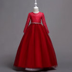 Mergaičių princesės suknelė ilgomis rankovėmis nėriniuota vestuvinė suknelė 120cm (Height 110-120cm) raudona