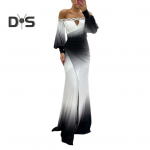 Moteri&scaron;ka vakarinė suknelė i&scaron; pečių i&scaron;lenkta Kalnų kri&scaron;tolinio akmens vestuvinė suknelė, siaura, klostuota i&scaron;leistuvių suknelė, ilgomis rankovėmis su žibintuvu, kontrastingos spalvos rutuliukai 2XL juoda balta spalva