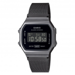 &bdquo;Casio Vintage&ldquo; skaitmeninis nerūdijančio plieno tinklelio apyrankė, kvarcinis A168WEMB-1B unisex laikrodis juoda