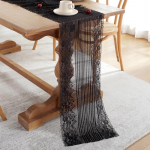 Eleganti&scaron;kas prancūzi&scaron;kas juodai baltas nėriniuotas stalo takelis vestuvių dekorui 90cm